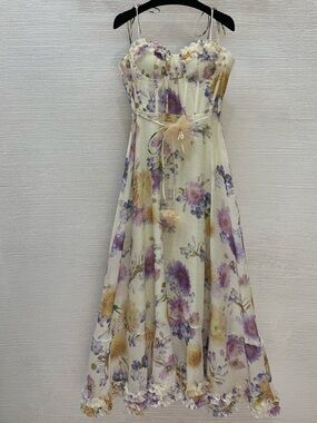 Zimmermann Cream Floral Midi Dress with Purple & Yellow Blossoms